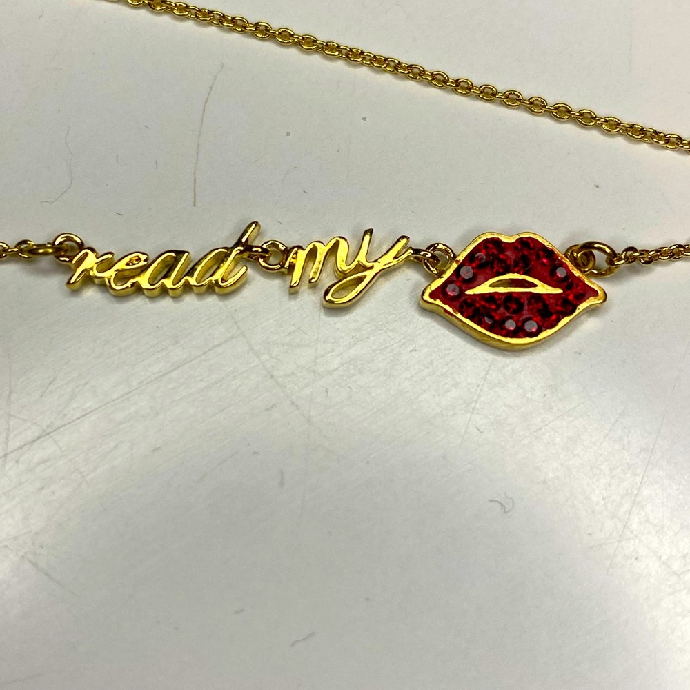 KATE SPADE “Read my 💋” w ruby red crystal 👄 LIPS Necklace 12k gold plated NWT